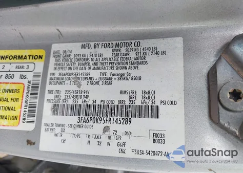 2015 Ford Fusion Titanium z USA, uszkodzony, nr VIN 3FA6P0K95FR145289